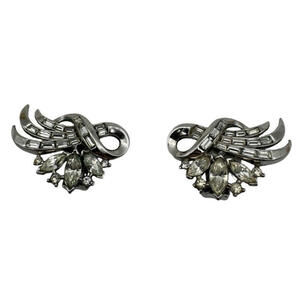 Trifari Silver Tone Wing Rhinestone Huggie Clip-On Earrings